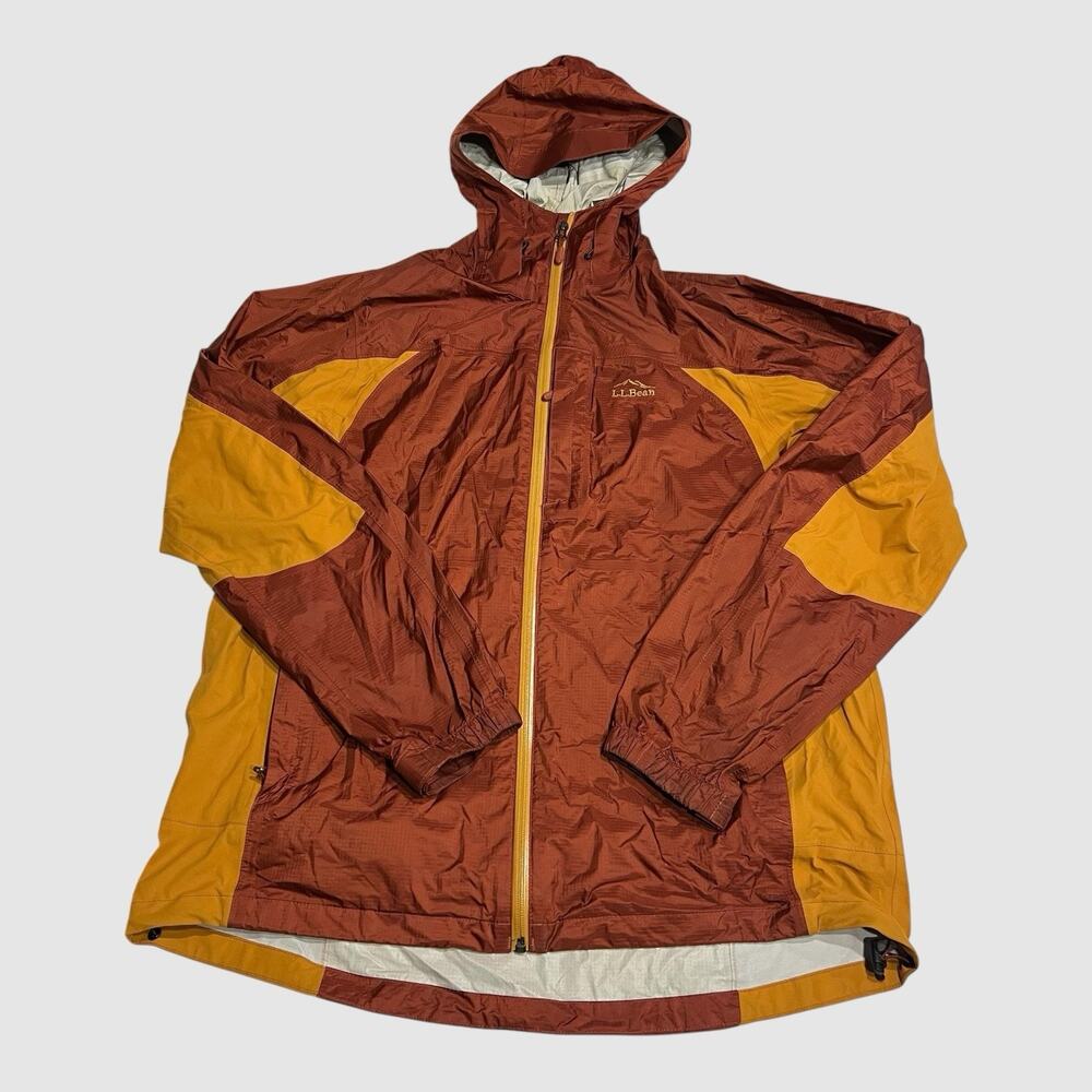 Ll Bean Full Zip Rain Jacket Hooded Orange Color Block Mens Size Large